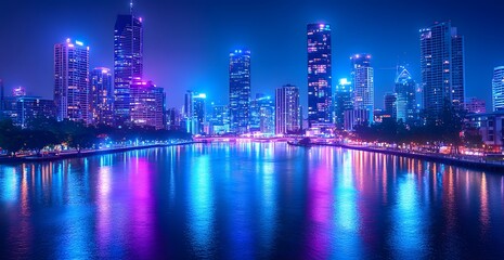 Naklejka premium Vibrant city skyline at night reflecting on water with colorful lights and serene atmosphere