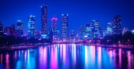 Naklejka premium Vibrant city skyline at night with illuminated buildings reflecting on the river