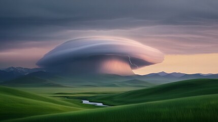   A vast painting portrays a towering object amidst a verdant field, with majestic mountains in the distance and a meandering river upfront