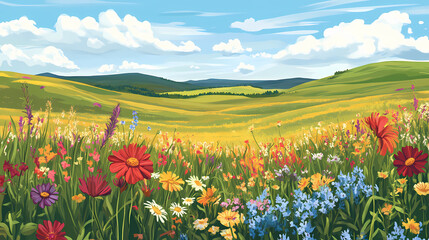 Prairie landscape is characterized by its rolling hills, vibrant wildflowers, and diverse array of species living together in a harmonious mosaic. Vibrant Prairie. Illustration
