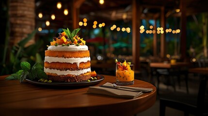   A cake sits atop a wooden table, beside an orange-juice-filled glass and garnished delicacies