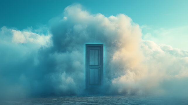A mysterious wooden door standing amidst fluffy white clouds against a blue sky