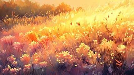 Tilted, vibrant prairie scene showcasing luminous shrubs bathed in golden sunlight, soft focus, shallow depth of field, evoking a sense of awe and serenity. Vibrant Prairie. Illustration