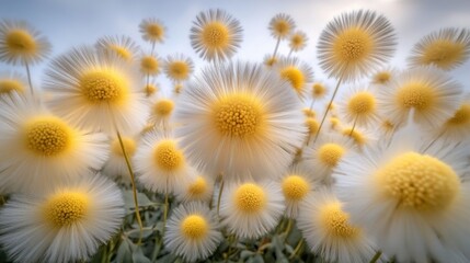 Obraz premium Fluffy white flowers field, sunlit, nature scene, spring bloom, botanical photography