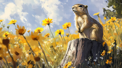 Vigilant ground squirrel or prairie dog standing alert on a tree stump and overlooking a vibrant meadow filled with yellow wildflowers in the warm afternoon sunlight. Vibrant Prairie. Illustration