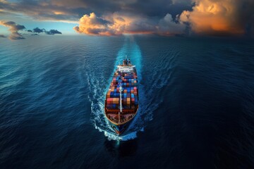 Aerial View of a Large Cargo Ship Navigating Through Vast Open Water Under Dramatic Clouds at Sunset with Vibrant Colors Enhancing Maritime Scene