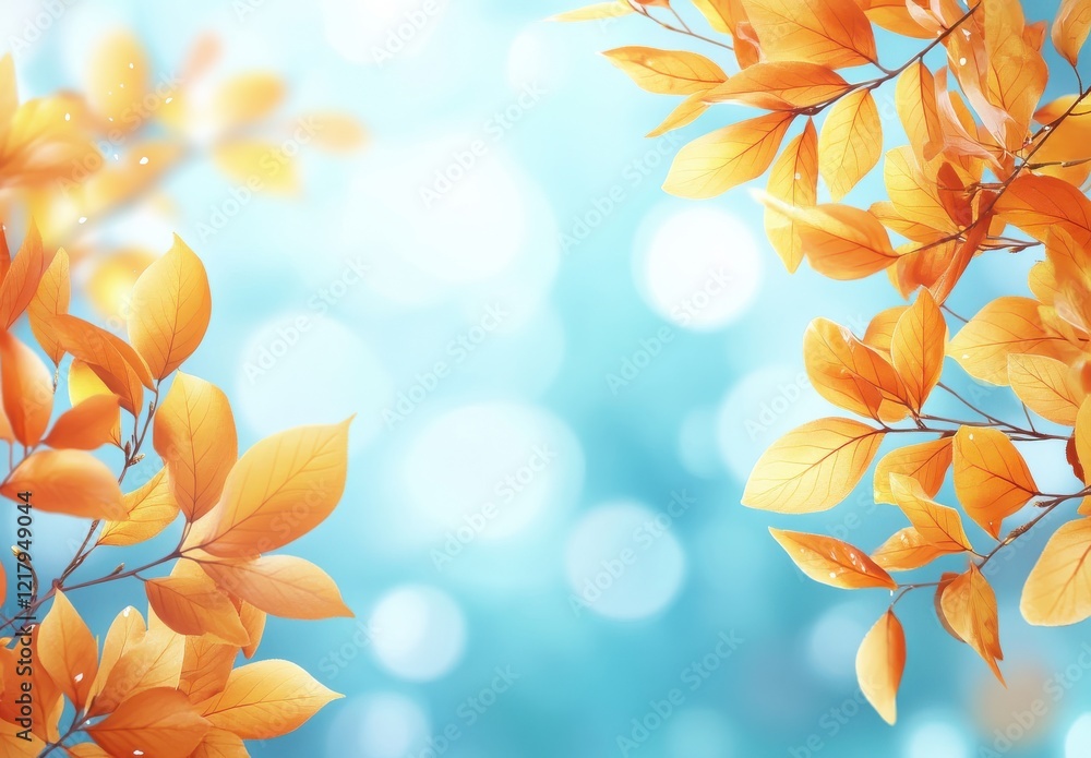 Poster vibrant autumn leaves against a dreamy blue background with soft bokeh effect creating a warm and in