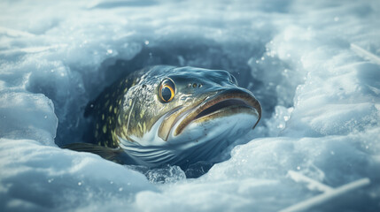 Vibrant fish peering from an ice hole in a frozen lake, showcasing curiosity and resilience against a winter wonderland backdrop.