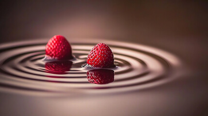   A pair of strawberries bobbing atop a tranquil lake with a solitary droplet nearby