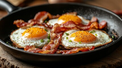 Freshly cooked sunny side up eggs sit beside crispy bacon strips in black skillet creating enticing breakfast offering golden yolks and savory flavors delight senses.