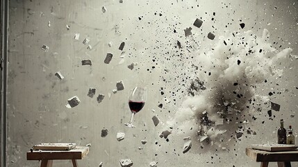   A glass of wine rests on a table against a wall with broken glass