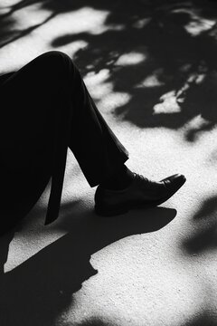 A striking silhouette of a leg and shoe cast on a sunlit pavement.