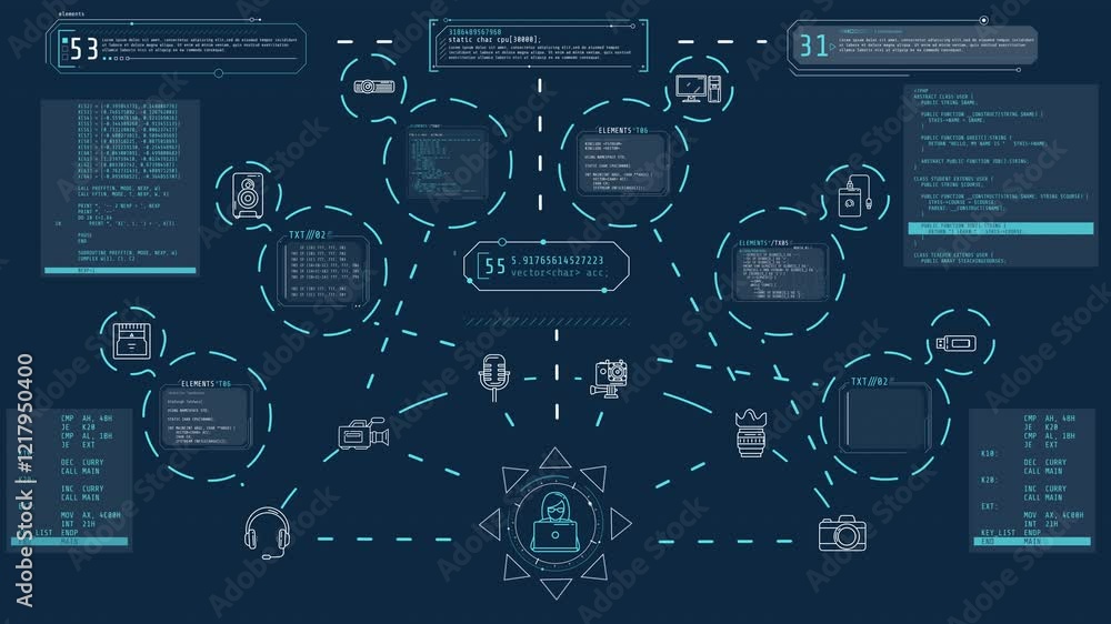 Poster animated infographics about modern devices and programming.