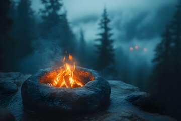 Mountain campfire, misty forest, night