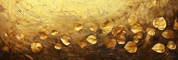 A stunning abstract artwork in golden hues featuring delicate leaf motifs adding to its beauty.
