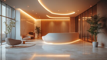 sleek reception area designed for aesthetic clinic features soft lighting minimalist furniture and clean white and gray palette creating luxurious atmosphere.