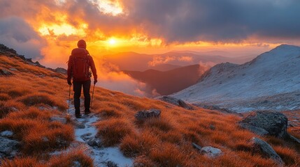 Fototapeta premium A hiker walks towards a sunset on a mountain path with snow and orange grass in the foreground