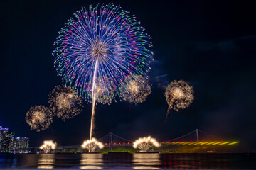 Bright beautiful colorful fireworks celebration in the night sky. Photo taken in Busan, South Korea during the Busan Fireworks Festival 2024