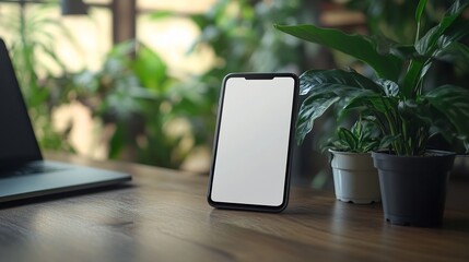 Modern phone mockup stands subtly on wooden desk near lush plants soft light. AI Generated