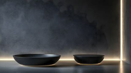 Dark studio bowls product display, minimalist background