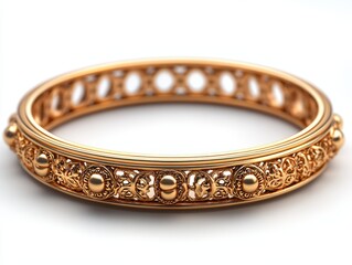 A detailed gold bangle showcasing intricate patterns and designs.