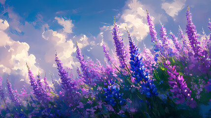 Naklejka premium A profusion of vibrant purple and blue lupine flowers swaying in the wind, bloom, prairie flower, meadow. Vibrant Prairie. Illustration