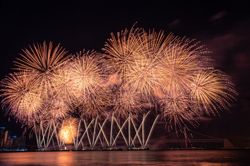 Bright beautiful colorful fireworks celebration in the night sky. Photo taken in Busan, South Korea...