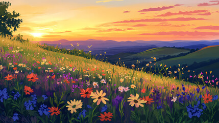 Obraz premium A vibrant field of wildflowers dances beneath a summer sunset, with rolling hills fading into the distant horizon. Vibrant Prairie. Illustration