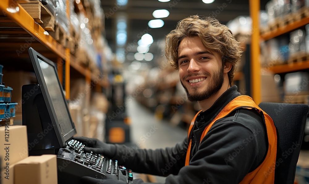 Poster smiling warehouse worker using computer