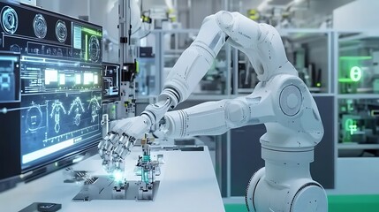 Advanced Robotic Arm Precision Assembly in a Modern Factory Setting