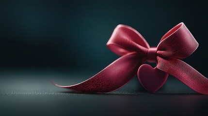   A close-up of a red ribbon with a heart-shaped bow on the end