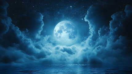 Full moon over calm ocean at night, starry sky; background ideal for fantasy or serenity themes