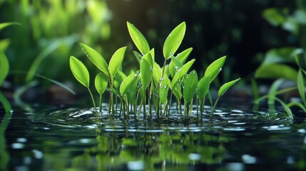 Fresh Green Seedlings Emerging from Water Surface in Lush Environment with Subtle Sunlight Highlighting Vibrant Leaves and Soft Water Ripples
