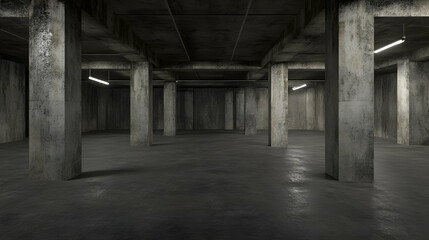 Dark concrete basement, empty space, dim lighting, grunge texture, industrial setting