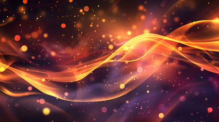 A vibrant abstract design featuring flowing waves and glowing particles in warm colors.