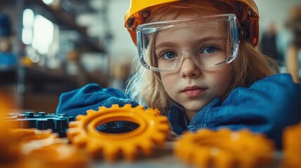 A young girl in safety gear focuses on mechanical gears, embodying curiosity and creativity in a workshop environment.