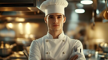 Young male chef confidently poses in a professional kitchen, showcasing culinary skills and equipment