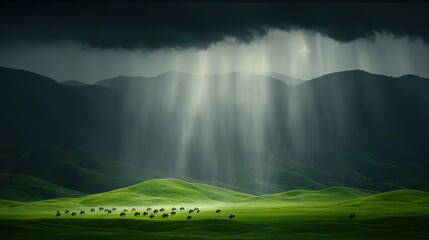   Sheep graze on lush green hills, bathed in light beams from dark clouds