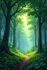 Naklejka premium Gentle breeze rustles through a cloud-draped forest, serenity, foliage