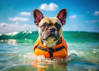 Adorable French Bulldog in Orange Life Jacket, Ocean Waves, Summer Fun
