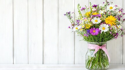 Fototapeta premium A bouquet of wildflowers in a mason jar with a pink ribbon on top