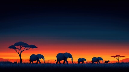   A group of elephants strolling over a green meadow beneath a vibrant sky with tree silhouettes in the distance