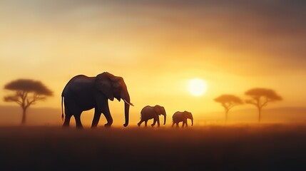 Fototapeta premium Elephants on grass, orange-yellow sky