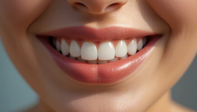 Close-up of healthy white teeth and smiling lips in natural light