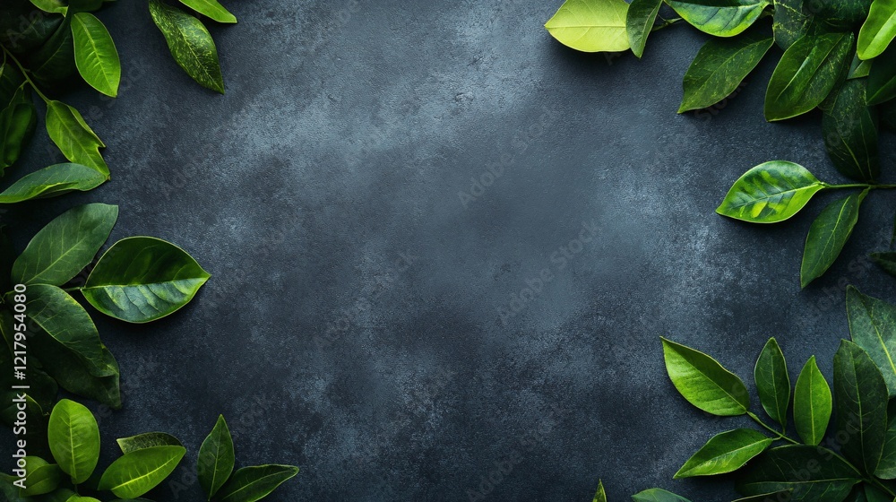 Poster green leaves bordering dark empty background with copy space