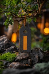 Rustic tag hanging from a tree branch in a serene garden during the evening twilight