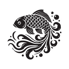 Black Color Koi Fish silhouette design Vector Illustration, Solid White Background (6).eps