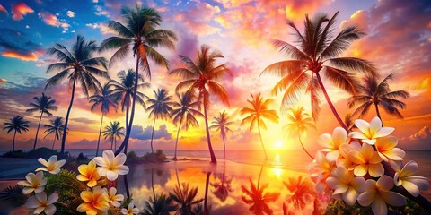 Obraz premium Double Exposure: Coconut Tree Blossom & Tropical Sunset, Stock Photo