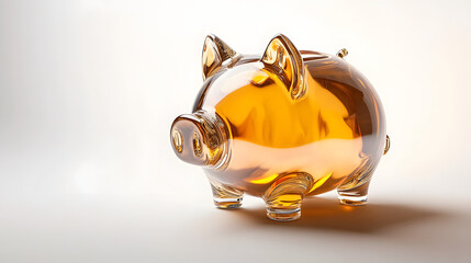 A transparent amber glass piggy bank casting a warm shadow on a soft background