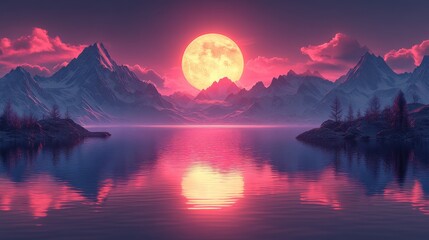 Obraz premium A serene landscape featuring a vibrant sunset over mountains and a reflective lake.